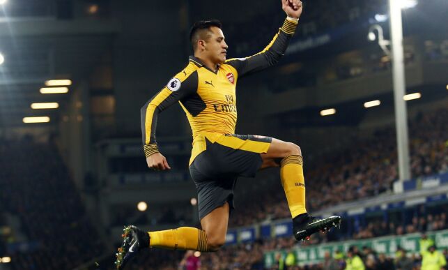Editorial use only. No merchandising. For Football images FA and Premier League restrictions apply inc. no internet/mobile usage without FAPL license - for details contact Football Dataco
Mandatory Credit: Photo by Matt West/BPI/REX/Shutterstock (7555856r)
Alexis Sanchez of Arsenal celebrates scoring the opening goal during the Premier League match between Everton and Arsenal played at Goodison Park, Liverpool on 13th December 2016
Football - Premier League 2016/17 Everton v Arsenal Goodison Park, Goodison Rd, Liverpool, United Kingdom - 13 Dec 2016