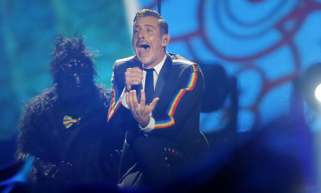 Francesco Gabbani from Italy, right, performs the song ""Occidentali's Karma" during the Final for the Eurovision Song Contest, in Kiev, Ukraine, Saturday, May 13, 2017. (AP Photo/Efrem Lukatsky)